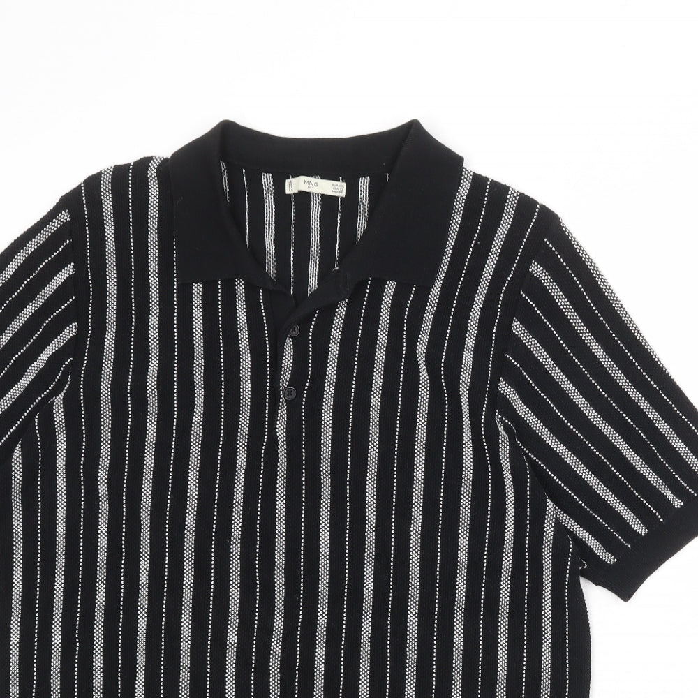 Mango Mens Black Striped Polyester Polo Size 2XL Collared Button