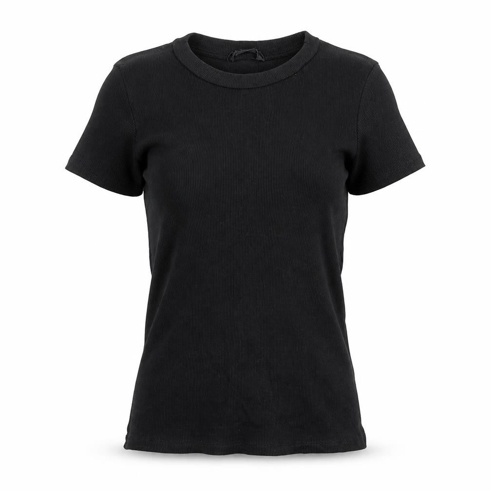 Front view of Monki women’s black polyester basic t-shirt, size S, crew neck - ribbed