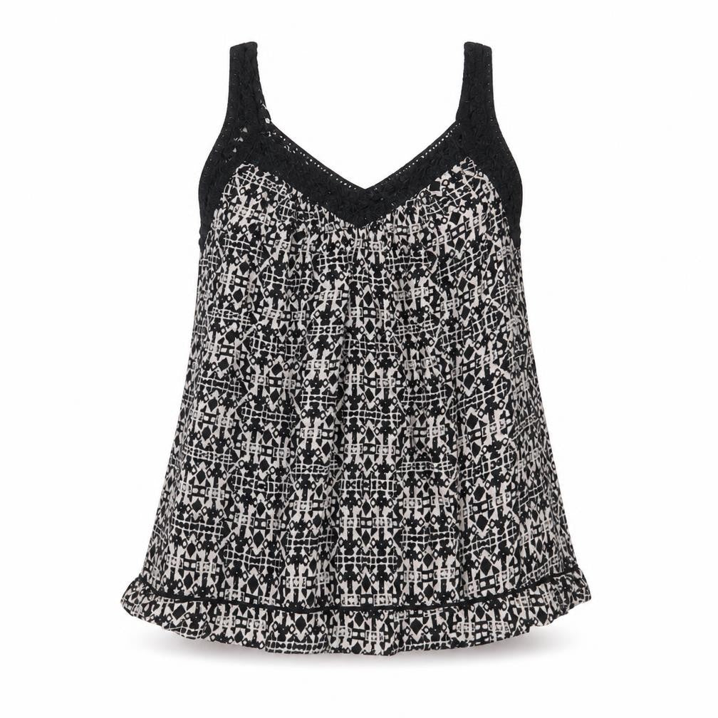 New Look Womens Black Geometric Viscose Camisole Tank Size 8 V-Neck - Crochet Detail