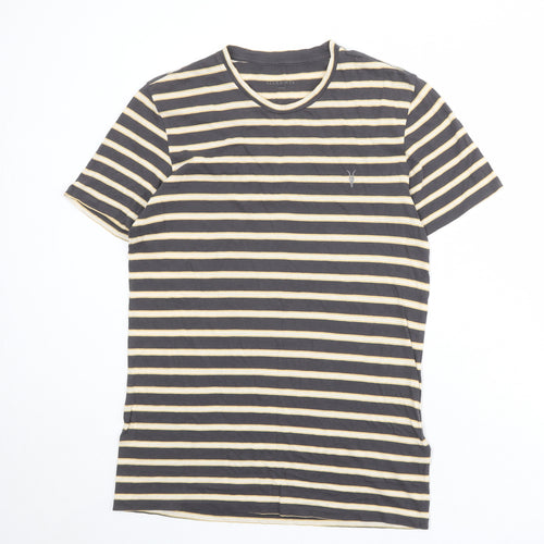 AllSaints Mens Grey Striped Cotton T-Shirt Size S Round Neck