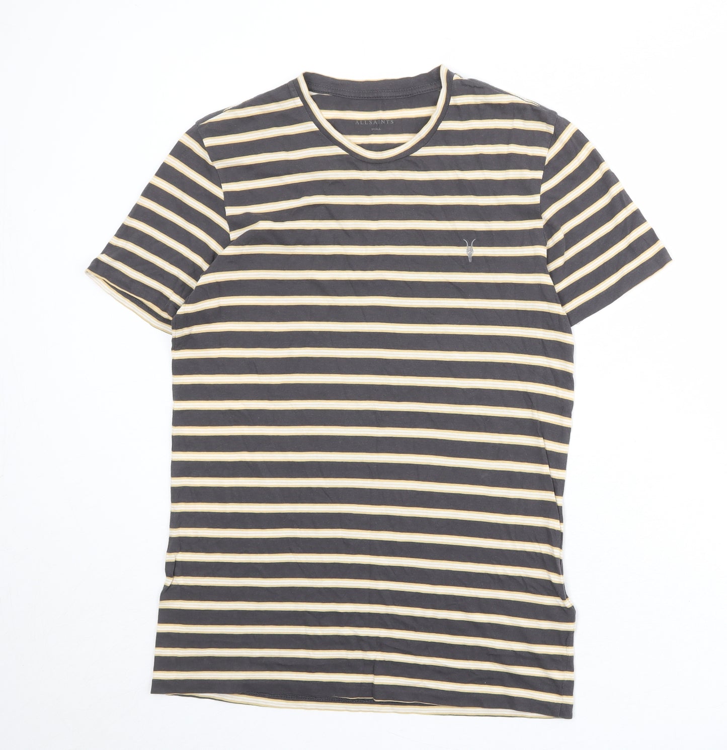 AllSaints Mens Grey Striped Cotton T-Shirt Size S Round Neck