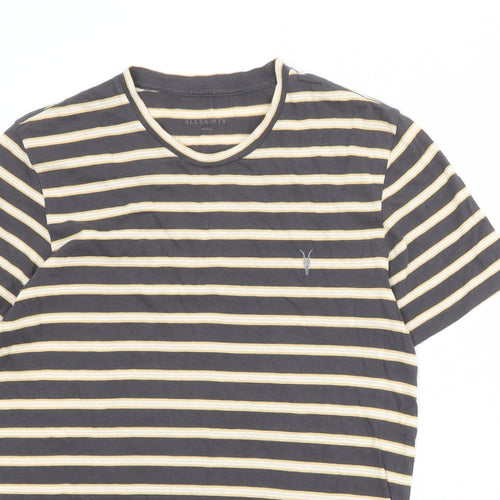 AllSaints Mens Grey Striped Cotton T-Shirt Size S Round Neck