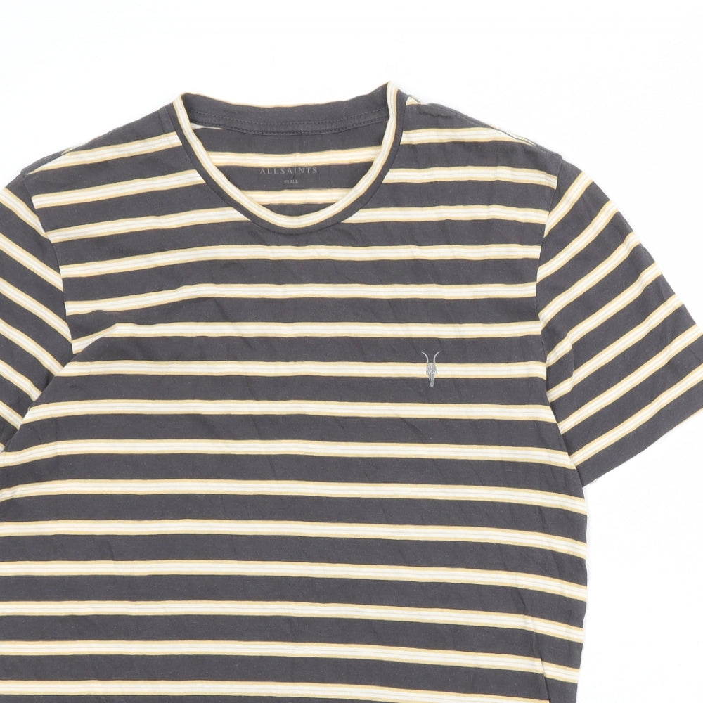 AllSaints Mens Grey Striped Cotton T-Shirt Size S Round Neck