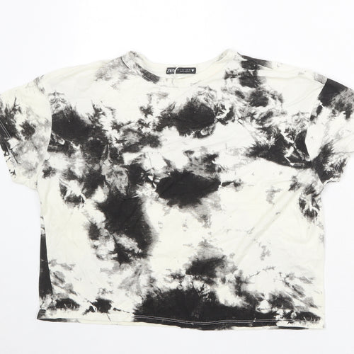 Zara Womens Ivory Geometric 100% Cotton Basic T-Shirt Size S Round Neck - Tie Dye Pattern