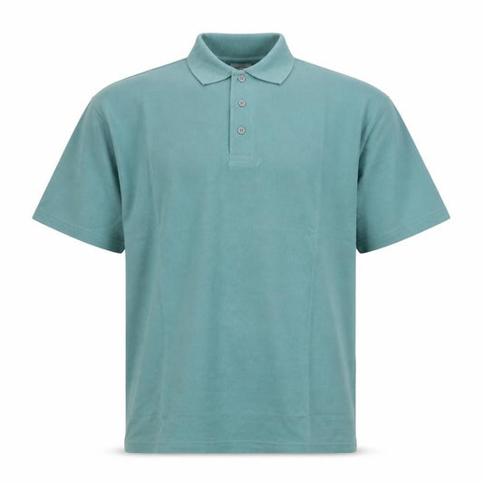 Front view of High Volume men’s blue polyester polo, size L, collared button