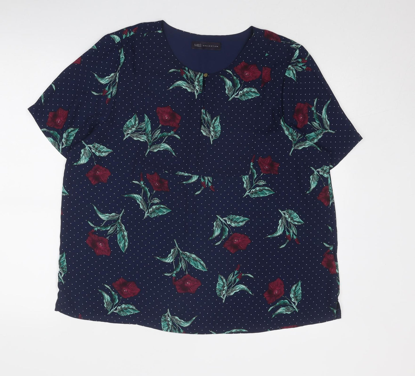 Marks and Spencer Womens Blue Geometric Polyester Basic Blouse Size 16 Round Neck