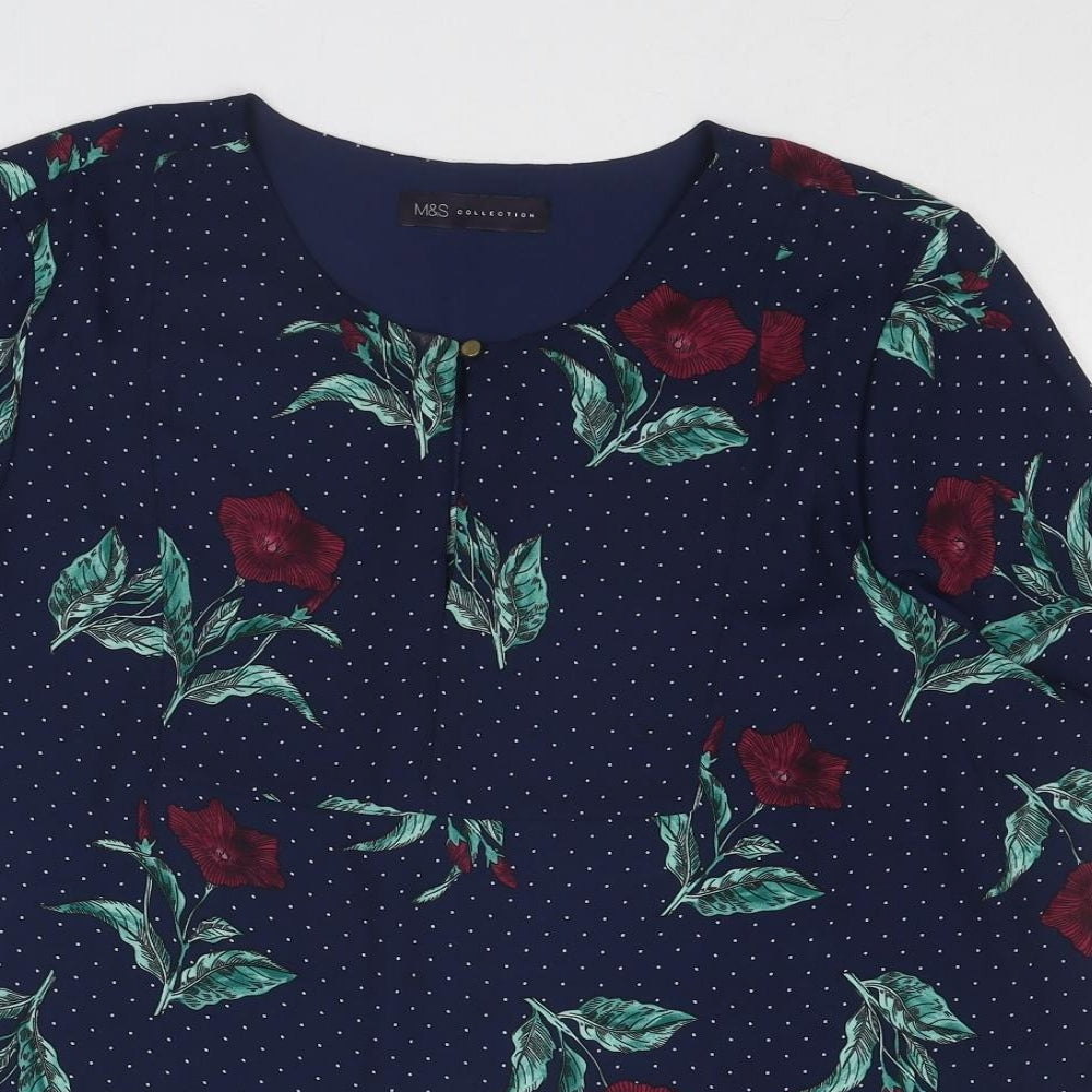 Marks and Spencer Womens Blue Geometric Polyester Basic Blouse Size 16 Round Neck