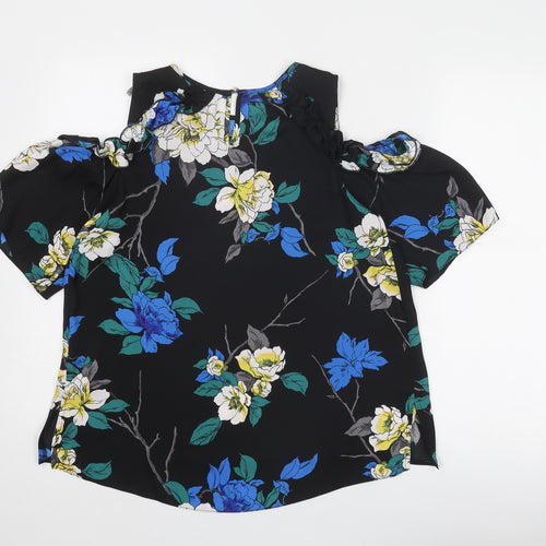 Dorothy Perkins Womens Black Floral Polyester Basic Blouse Size 12 Round Neck - Cold Shoulder