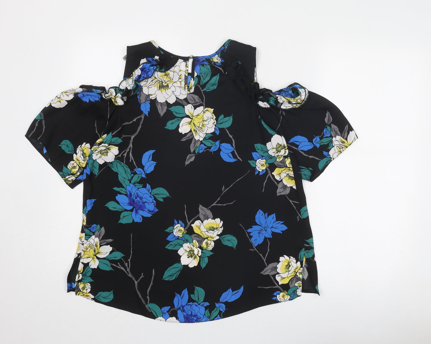 Dorothy Perkins Womens Black Floral Polyester Basic Blouse Size 12 Round Neck - Cold Shoulder