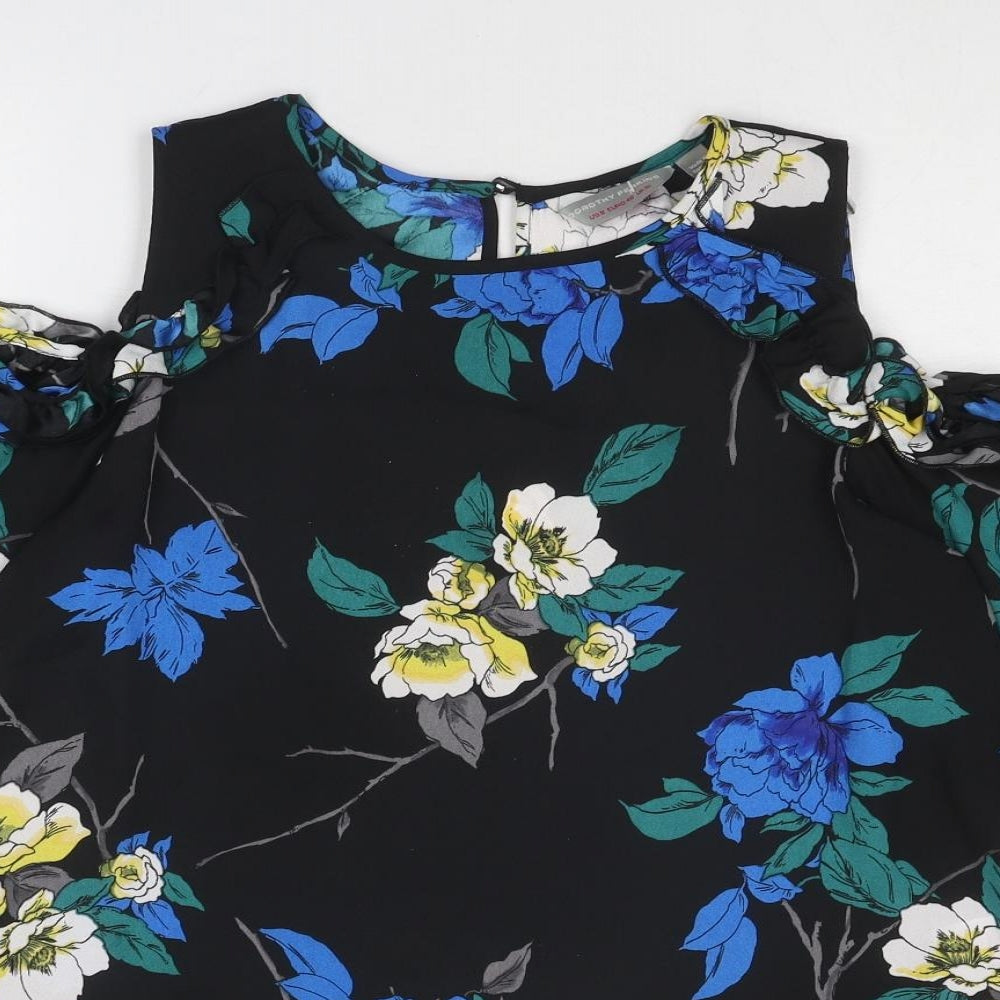 Dorothy Perkins Womens Black Floral Polyester Basic Blouse Size 12 Round Neck - Cold Shoulder