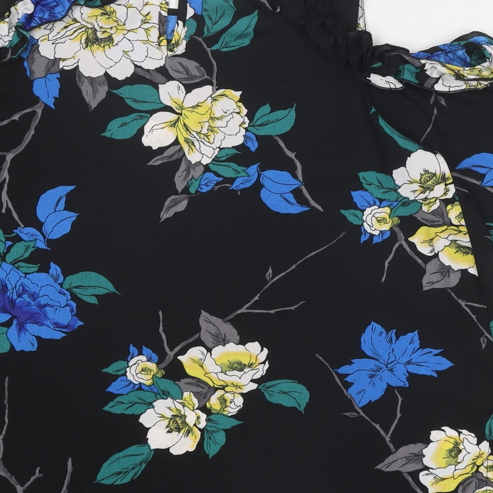 Dorothy Perkins Womens Black Floral Polyester Basic Blouse Size 12 Round Neck - Cold Shoulder