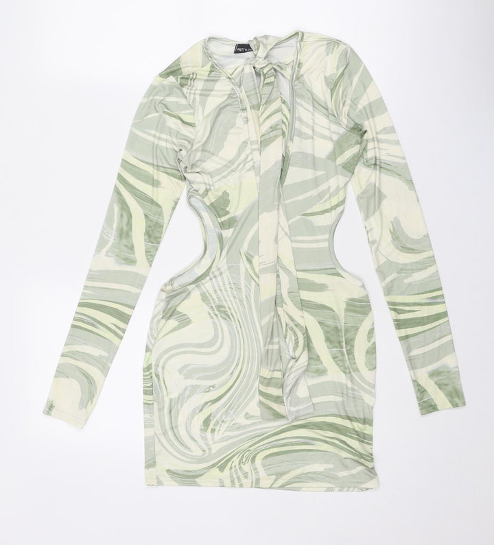 PRETTYLITTLETHING Womens Green Geometric Polyester Bodycon Size 8 Round Neck Pullover