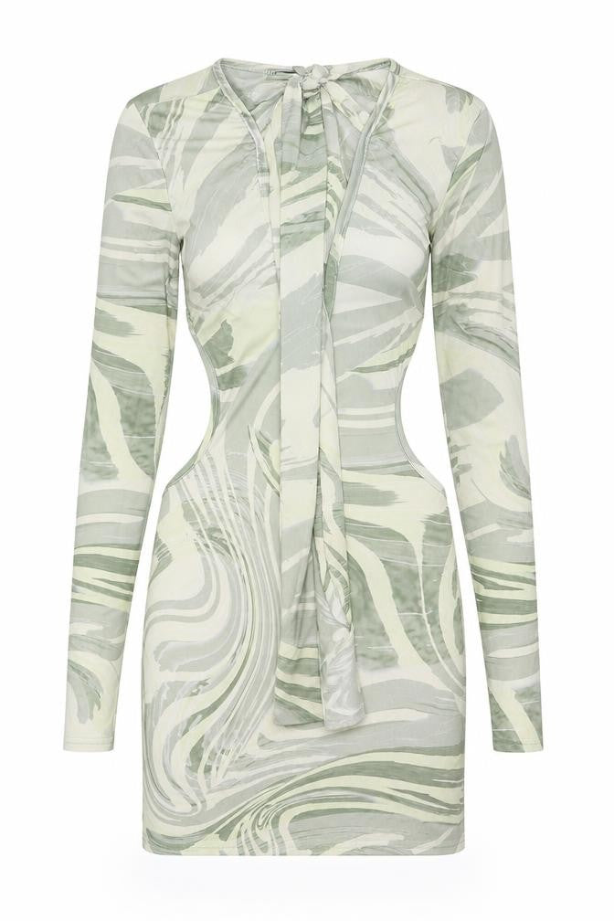 Front view of PRETTYLITTLETHING women’s green geometric polyester bodycon, size UK 8, round neck pullover