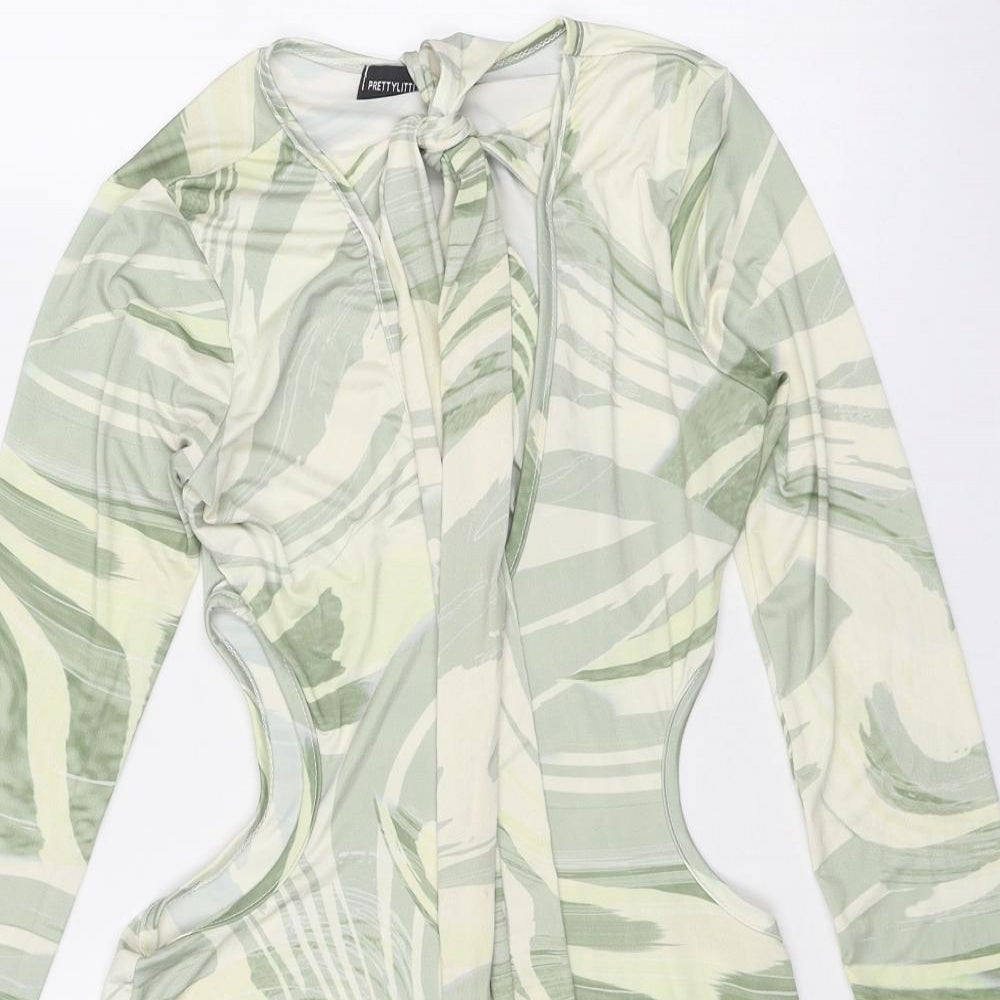 PRETTYLITTLETHING Womens Green Geometric Polyester Bodycon Size 8 Round Neck Pullover