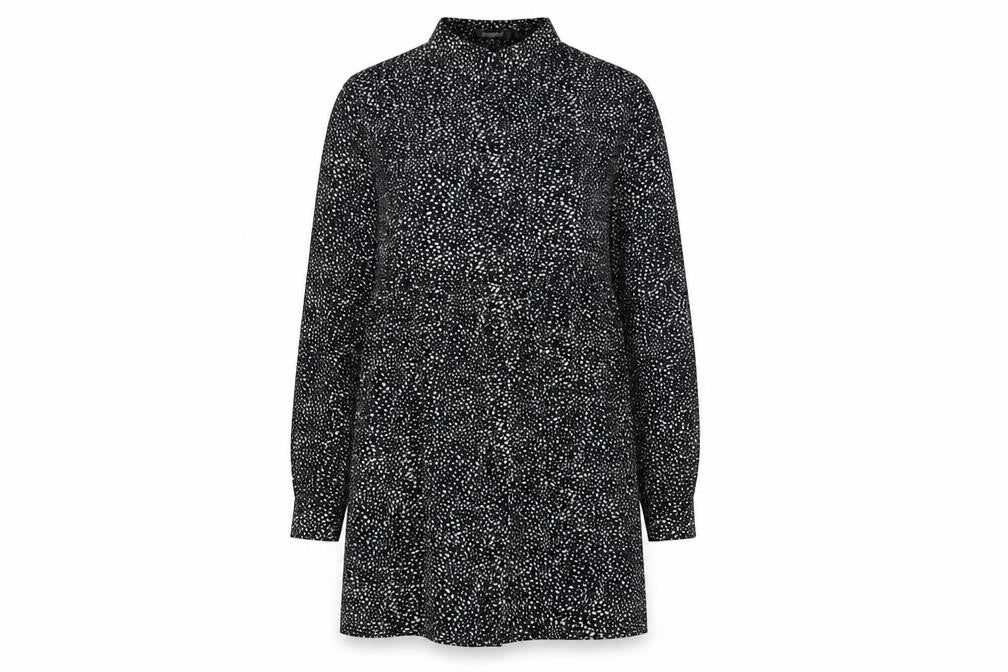 Front view of Missguided women’s black geometric polyester shirt dress, size UK 8, collared button