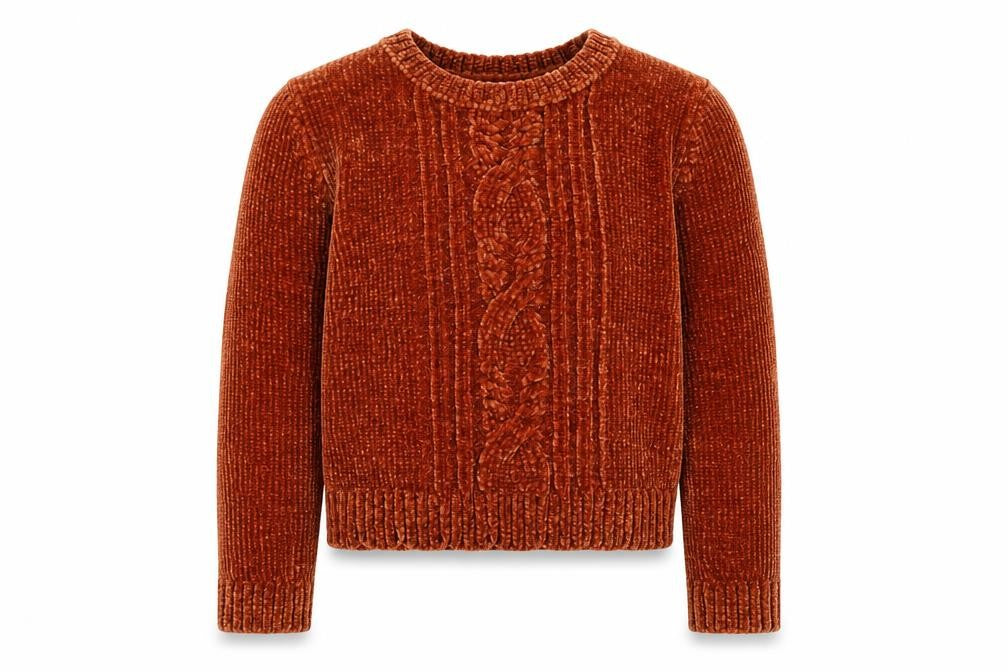 Front view of Tommy Bahama girls’ brown round neck polyester jumper, size 5-6, years pullover