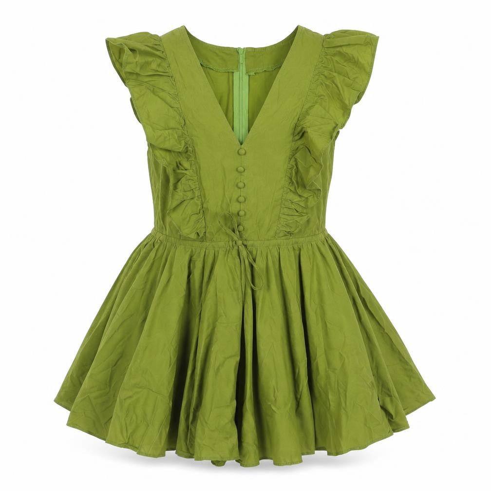 Front view of PRETTYLITTLETHING women’s green cotton playsuit one-piece, size UK 4, zip