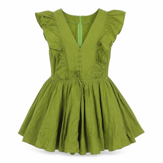 Front view of PRETTYLITTLETHING women’s green cotton playsuit one-piece, size UK 4, zip