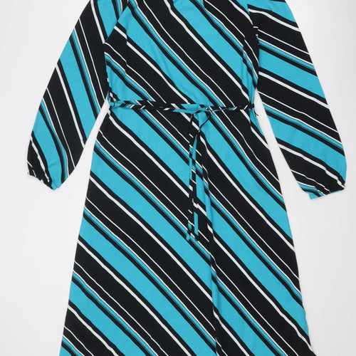 Marks and Spencer Womens Blue Striped Polyester Trapeze & Swing Size 8 Round Neck Button