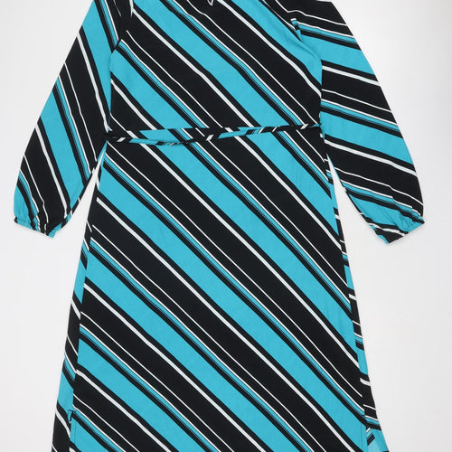 Marks and Spencer Womens Blue Striped Polyester Trapeze & Swing Size 8 Round Neck Button