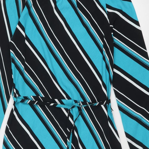 Marks and Spencer Womens Blue Striped Polyester Trapeze & Swing Size 8 Round Neck Button