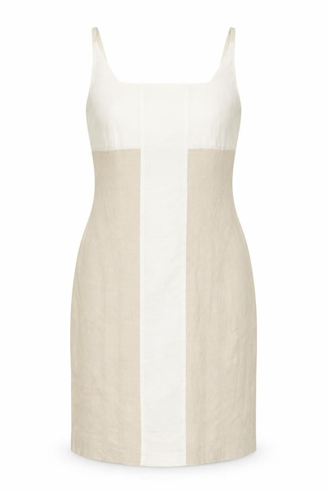 Front view of Umlauf & Klein women’s beige colourblock polyester a-line, size UK 16, square neck zip