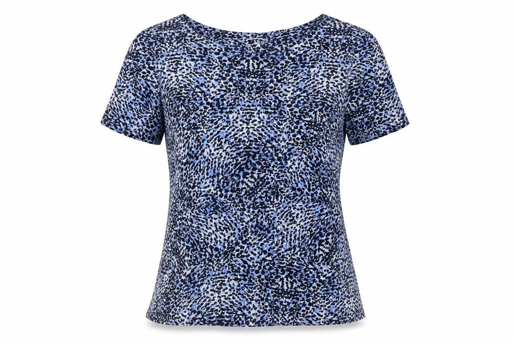 Country Casuals Womens Blue Geometric Polyester Basic T-Shirt Size L Round Neck