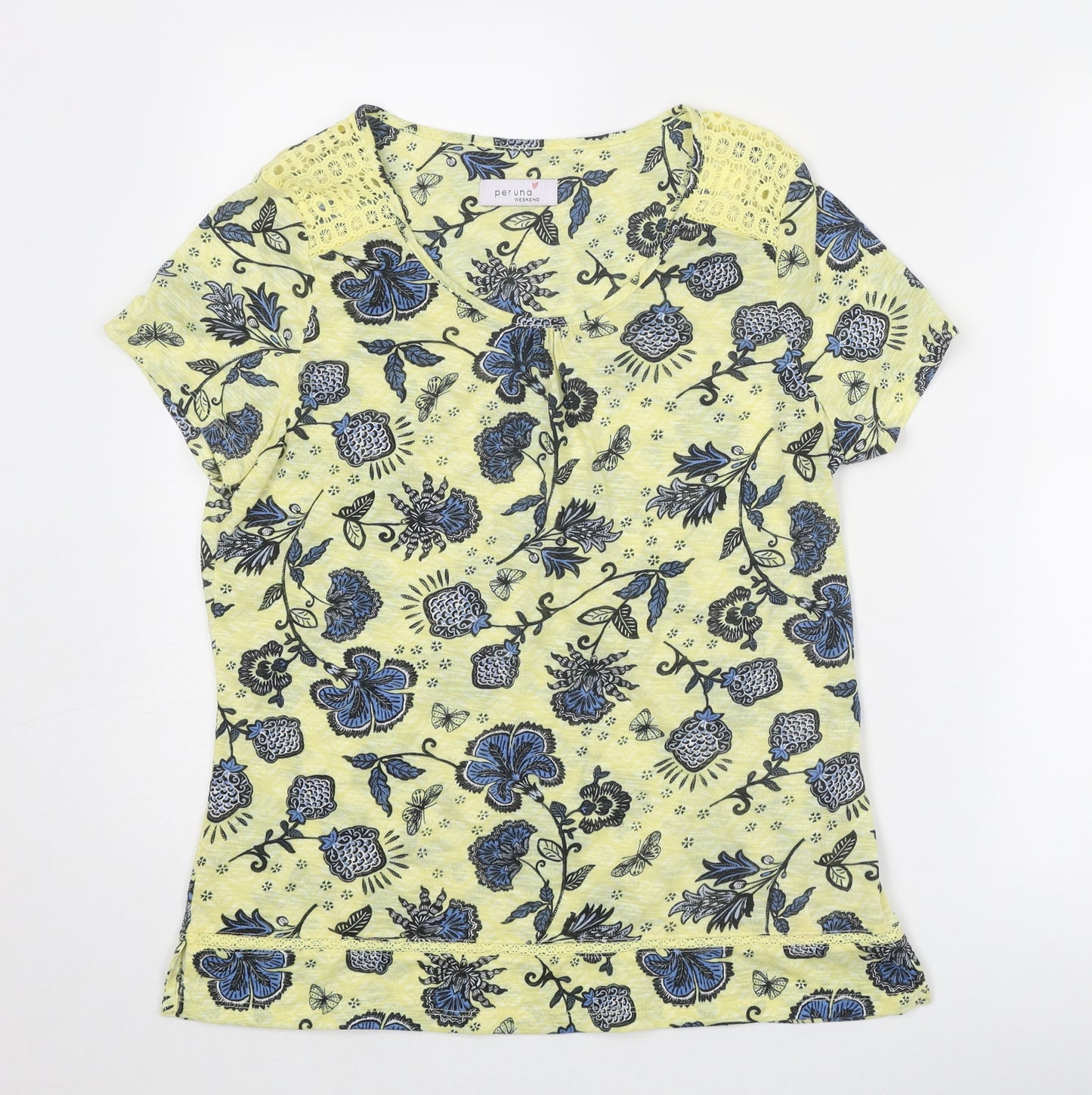 Per Una Womens Yellow Geometric Polyester Basic T-Shirt Size 12 Round Neck