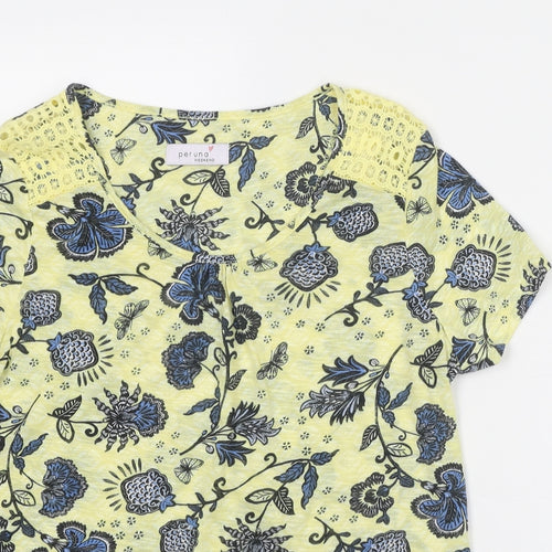 Per Una Womens Yellow Geometric Polyester Basic T-Shirt Size 12 Round Neck