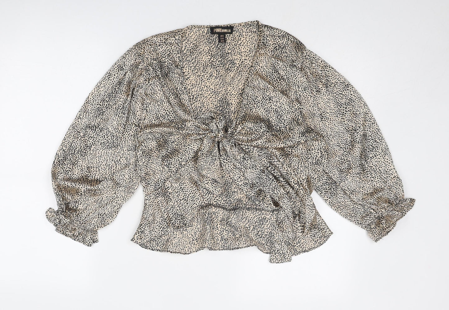 Pink Vanilla Womens Beige Geometric Polyester Basic Blouse Size 16 V-Neck - Twist Detail