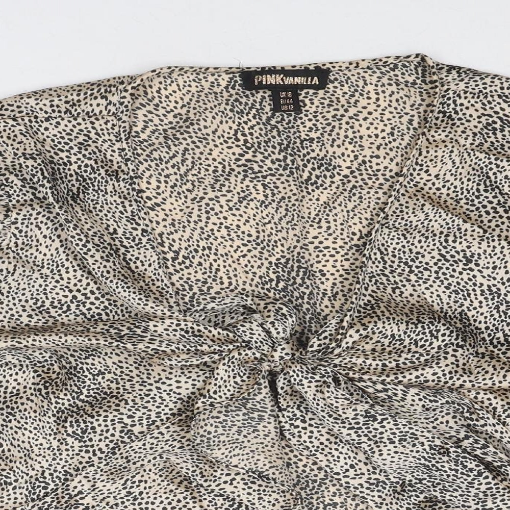 Pink Vanilla Womens Beige Geometric Polyester Basic Blouse Size 16 V-Neck - Twist Detail