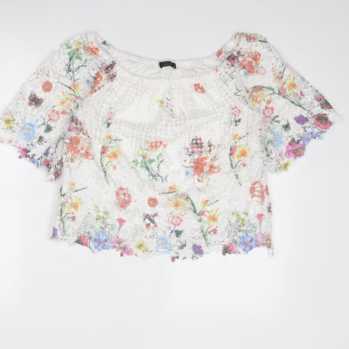 Quiz Womens White Floral Viscose Basic T-Shirt Size 10 Round Neck