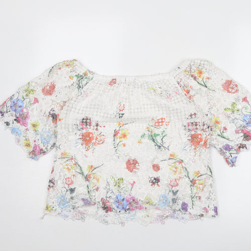 Quiz Womens White Floral Viscose Basic T-Shirt Size 10 Round Neck