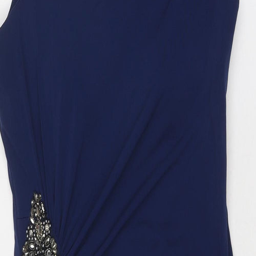 Cachet Womens Blue Polyester Mini Size 6 V-Neck Zip - Asymmetric Neckline