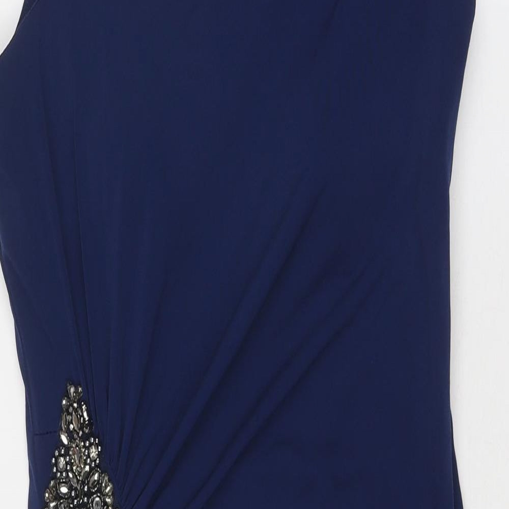 Cachet Womens Blue Polyester Mini Size 6 V-Neck Zip - Asymmetric Neckline
