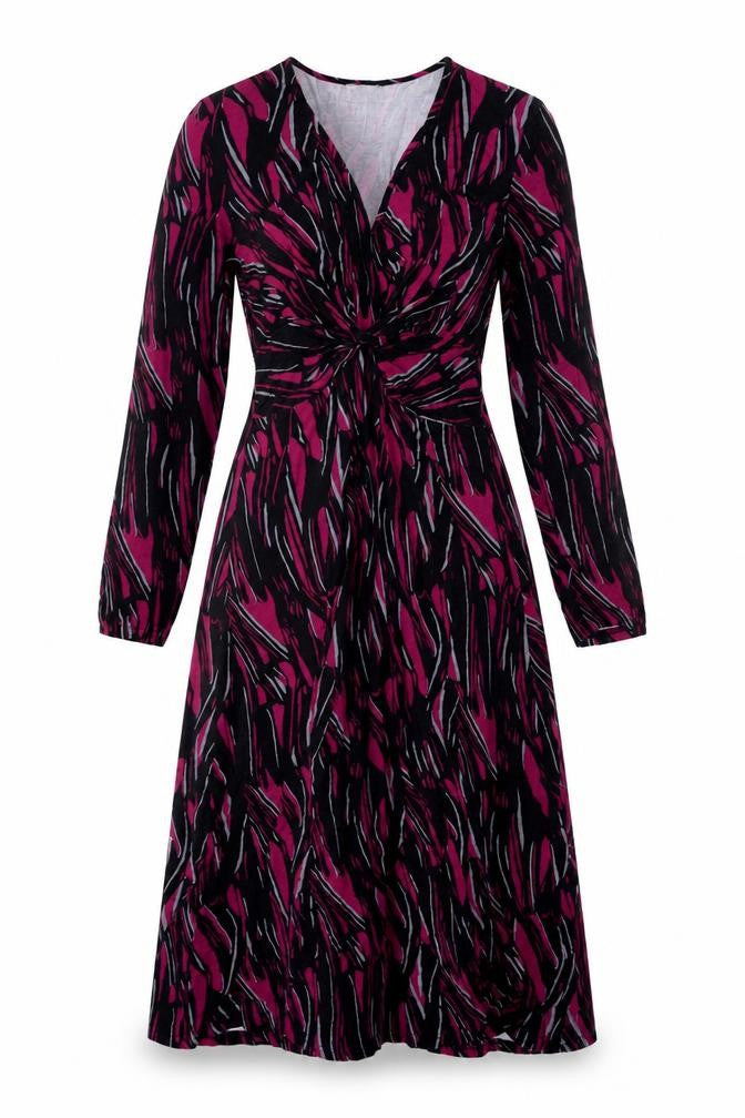 Front view of Roman women’s purple geometric viscose a-line, size S, v-neck pullover