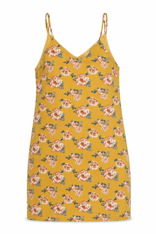 Front view of Dotti women’s yellow floral polyester tank dress, size UK 10, v-neck pullover