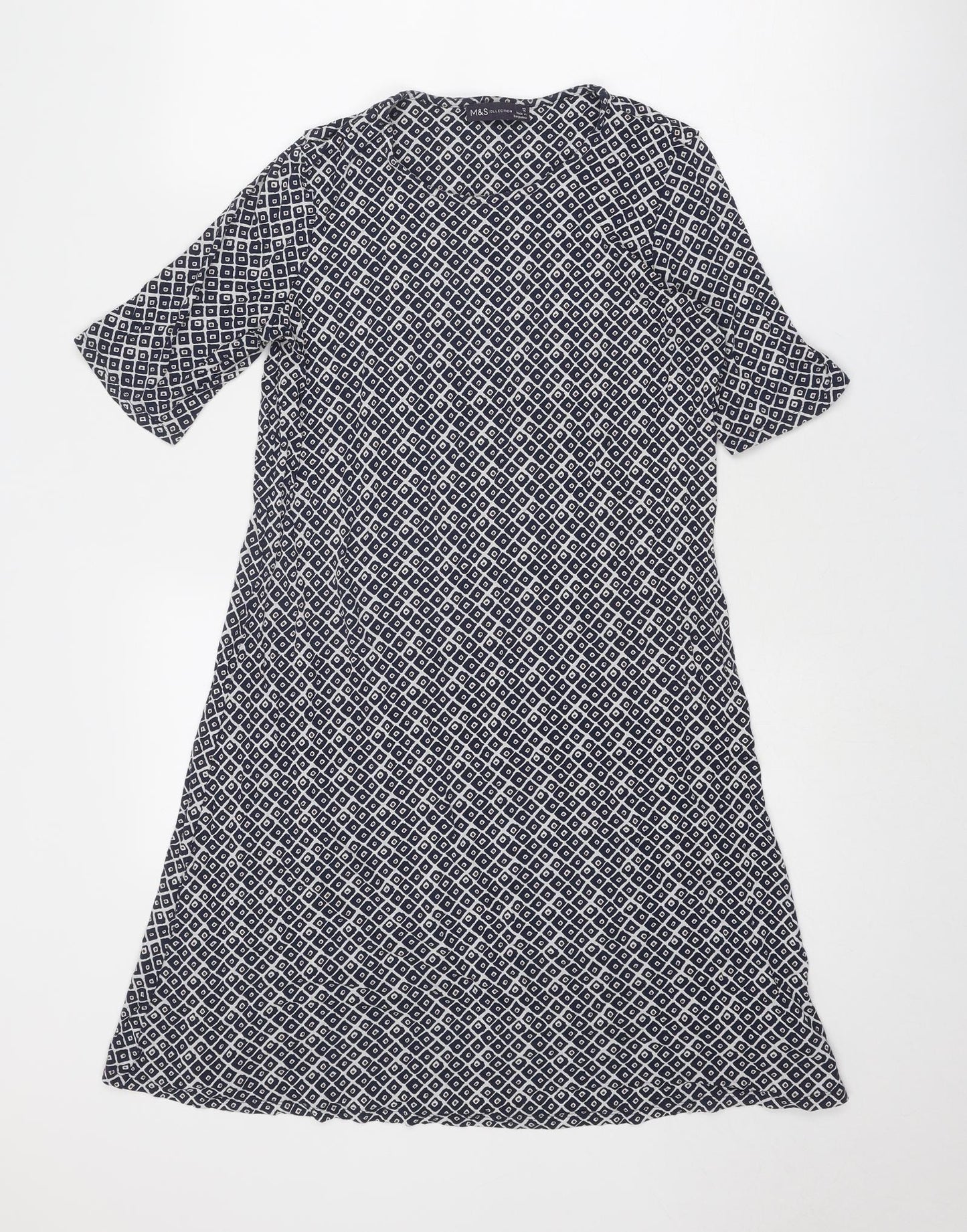 Marks and Spencer Womens Blue Geometric Viscose A-Line Size 12 Round Neck Pullover