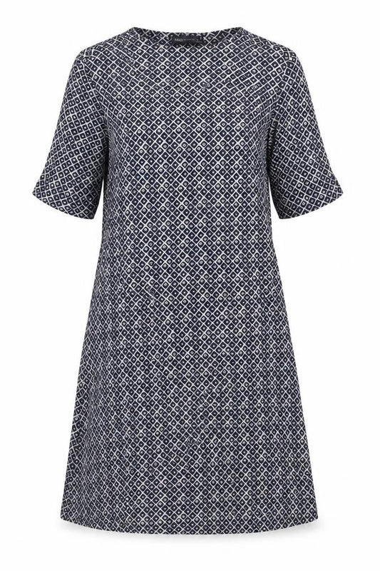 Front view of Marks & Spencer women’s blue geometric viscose a-line, size UK 12, round neck pullover