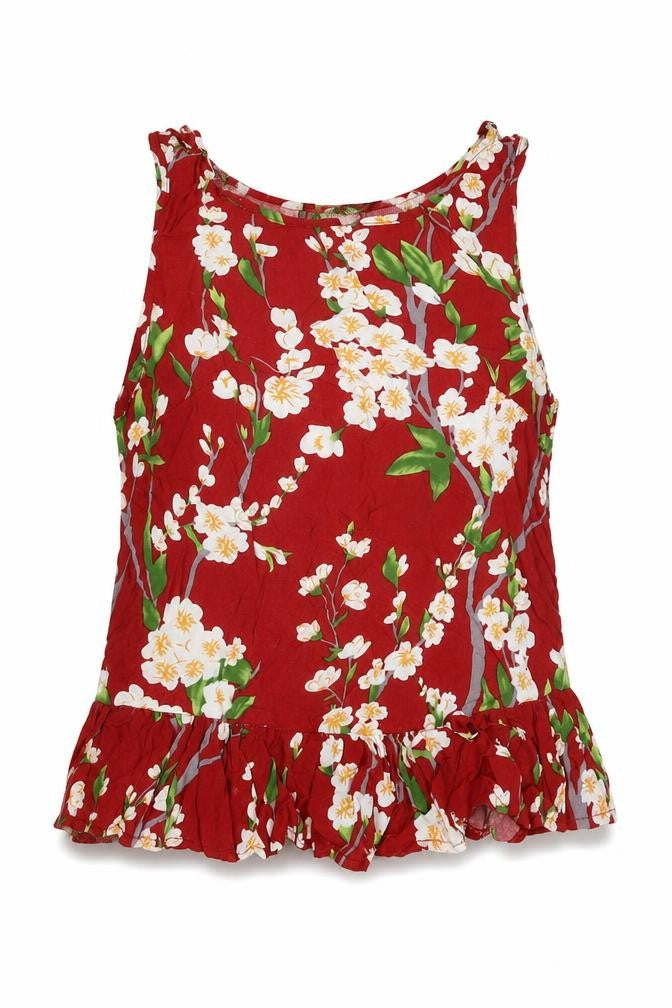Front view of Parisian Collection women’s red floral viscose basic tank, size UK 10, round neck