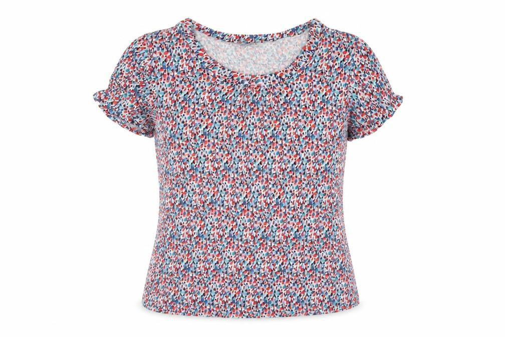 Front view of Classics women’s multicoloured geometric polyester basic blouse, size UK 12, round neck