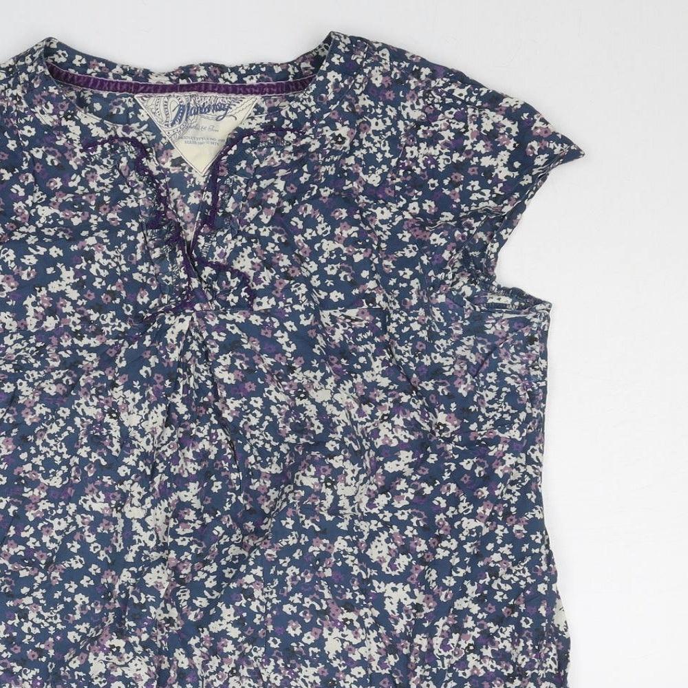 MANTARAY PRODUCTS Womens Blue Geometric Cotton Basic Blouse Size 14 V-Neck