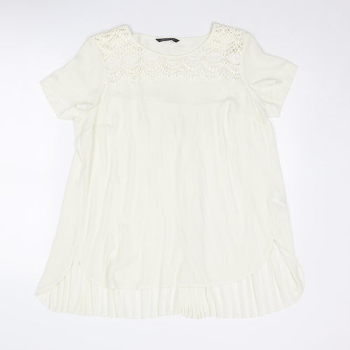 Marks and Spencer Womens Ivory Polyester Basic Blouse Size 12 Round Neck - Crochet Detail