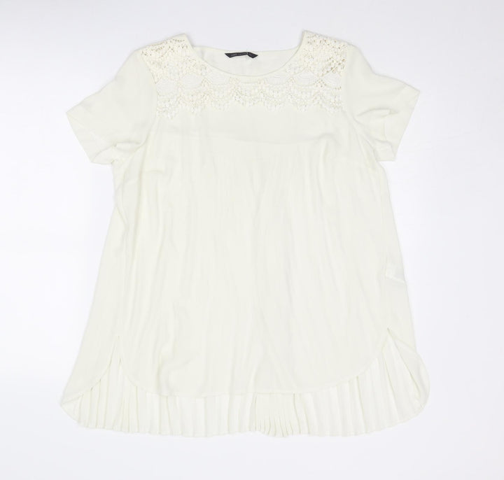 Marks and Spencer Womens Ivory Polyester Basic Blouse Size 12 Round Neck - Crochet Detail