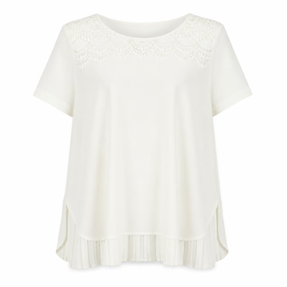 Front view of Marks & Spencer women’s ivory polyester basic blouse, size UK 12, round neck - crochet detail