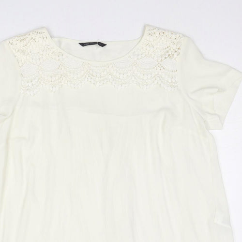 Marks and Spencer Womens Ivory Polyester Basic Blouse Size 12 Round Neck - Crochet Detail
