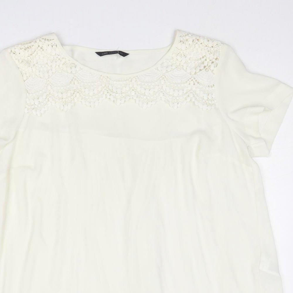 Marks and Spencer Womens Ivory Polyester Basic Blouse Size 12 Round Neck - Crochet Detail