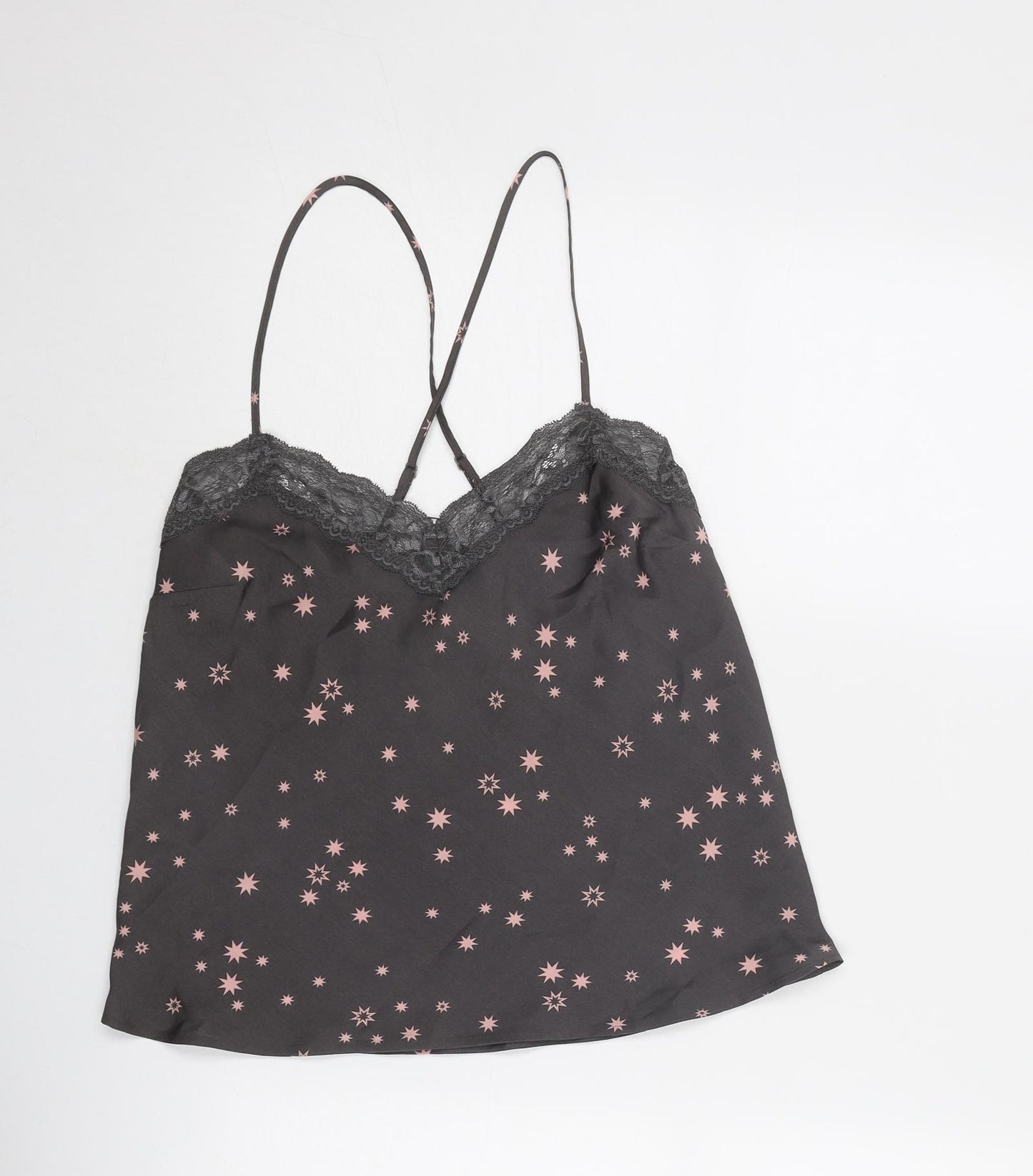 Marks and Spencer Womens Grey Geometric Polyester Camisole Tank Size 8 V-Neck - Star Print, Lace Details