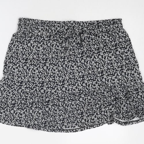 Marks and Spencer Womens Black Floral Cotton Mini Skirt Size 16 Drawstring