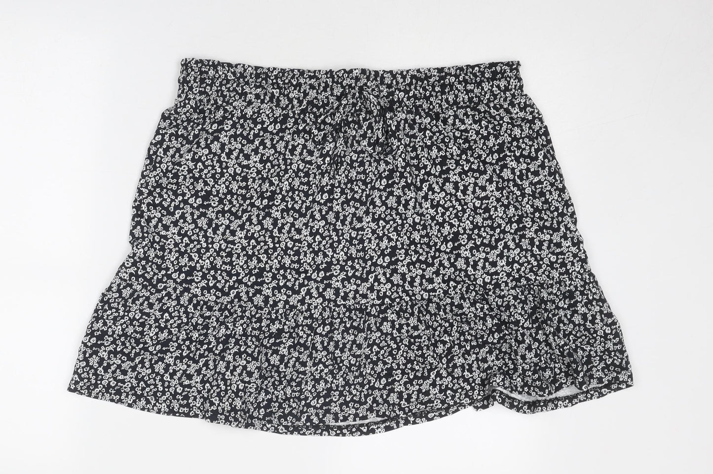 Marks and Spencer Womens Black Floral Cotton Mini Skirt Size 16 Drawstring